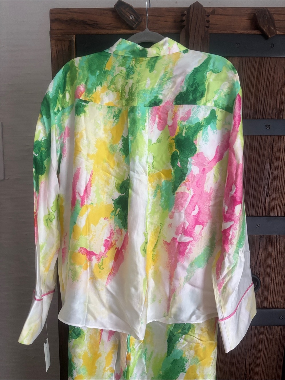 NWT Lyrebird from Anthro Silky Watercolor Pajama Set in Green, Pink & Yellow - Picture 8 of 11